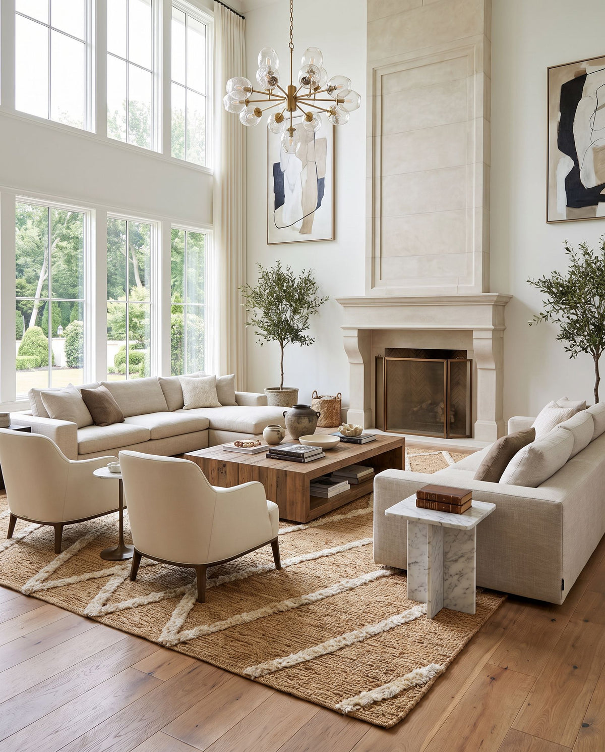 Hadley HDE-2300 Hand Woven Rug as the centerpiece of a bright luxury living room — a hand woven global area rug in tan tones