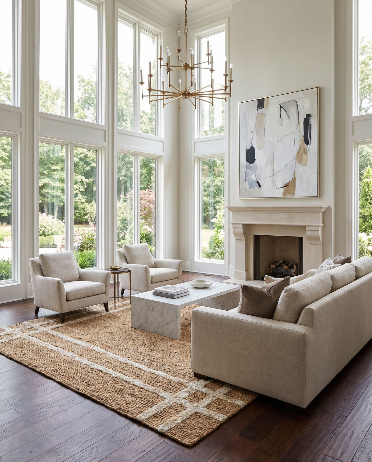 Hadley HDE-2302 Hand Woven Rug as the centerpiece of a bright luxury living room — a hand woven global area rug in tan tones