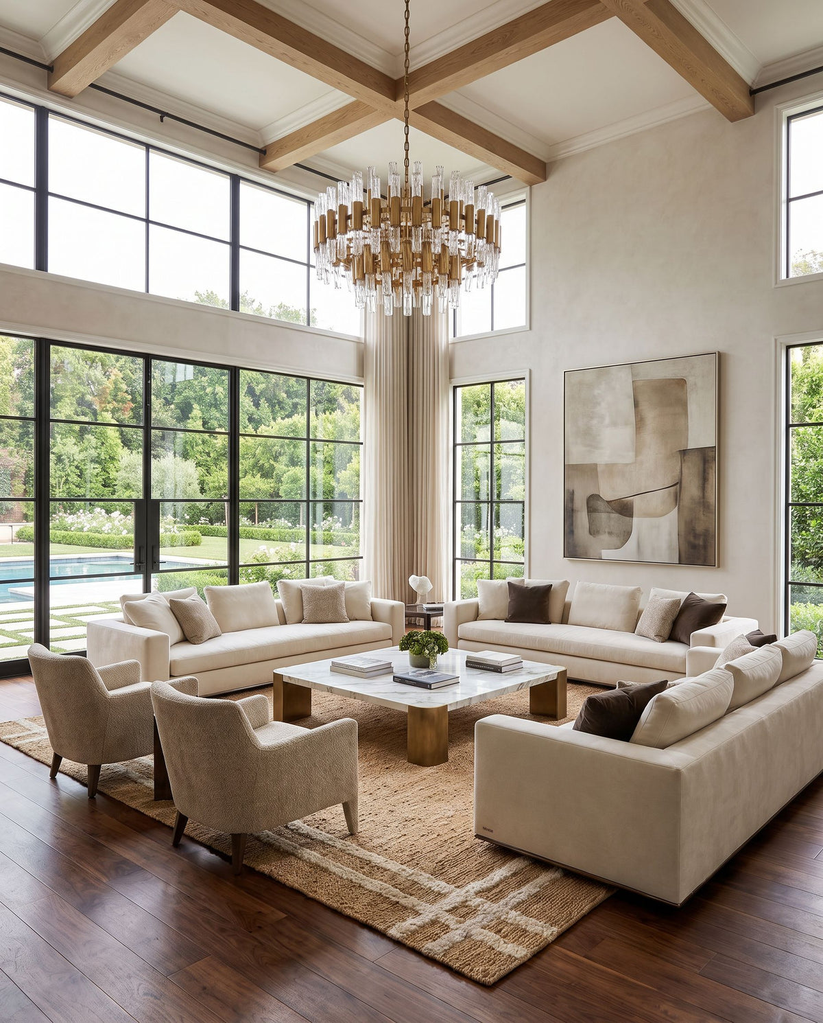 Hadley HDE-2302 Hand Woven Rug styled in an elegant designer living room — hand woven global area rug in tan tones