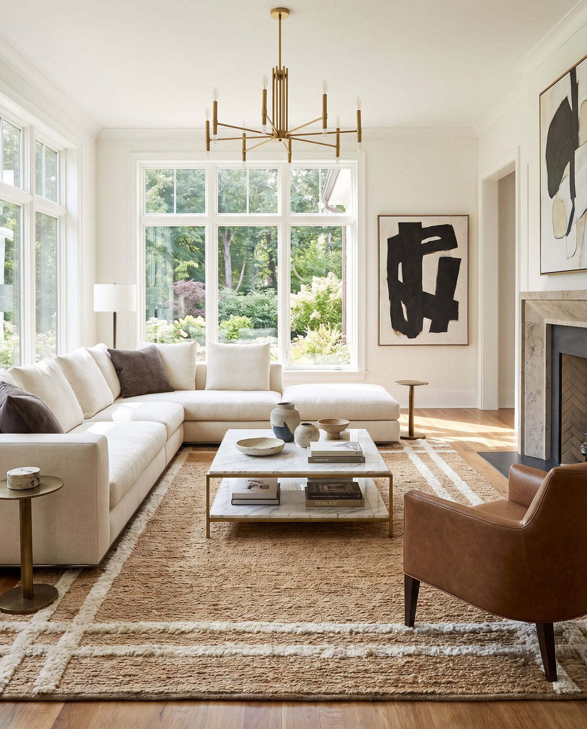 Hadley HDE-2302 Hand Woven Rug styled in an elegant designer living room — hand woven global area rug in tan tones