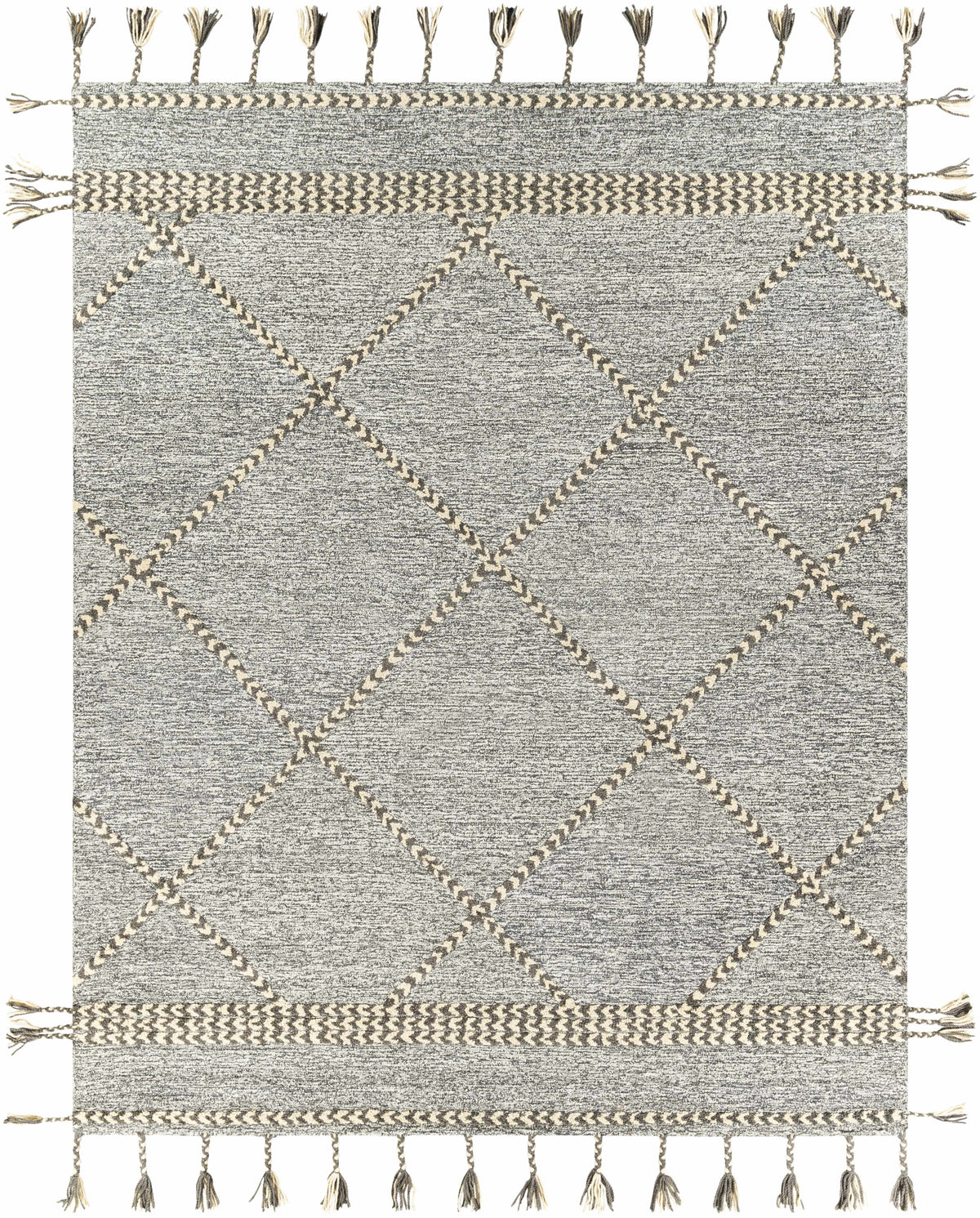 Medium Gray Hand Tufted 100% Wool Global Rectangle Handmade rug, Indoor use only, has fringe, non-washable.