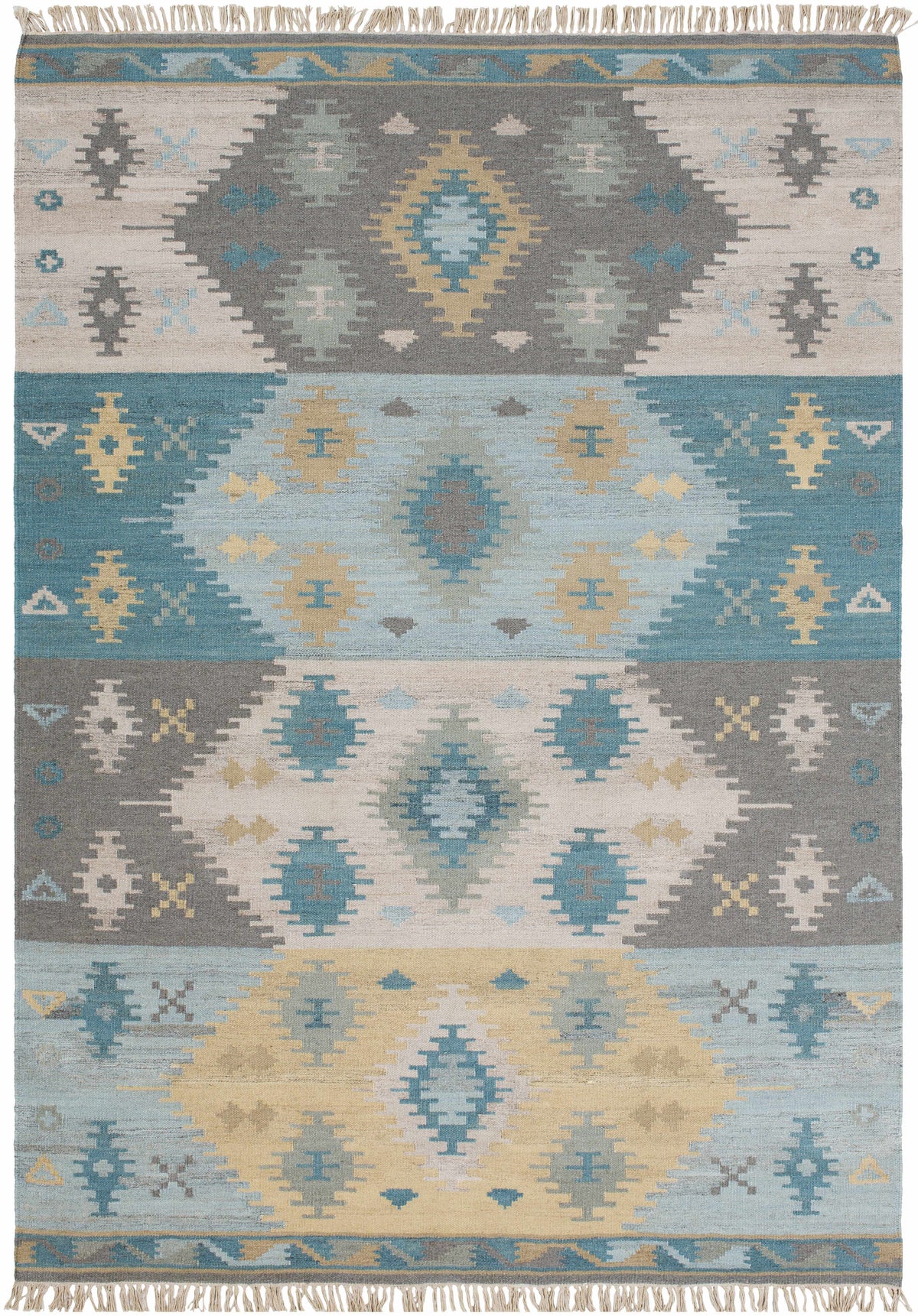 Pale Blue Hand Woven 100% Wool Global Rectangle Handmade rug, Indoor use only, has fringe, non-washable.