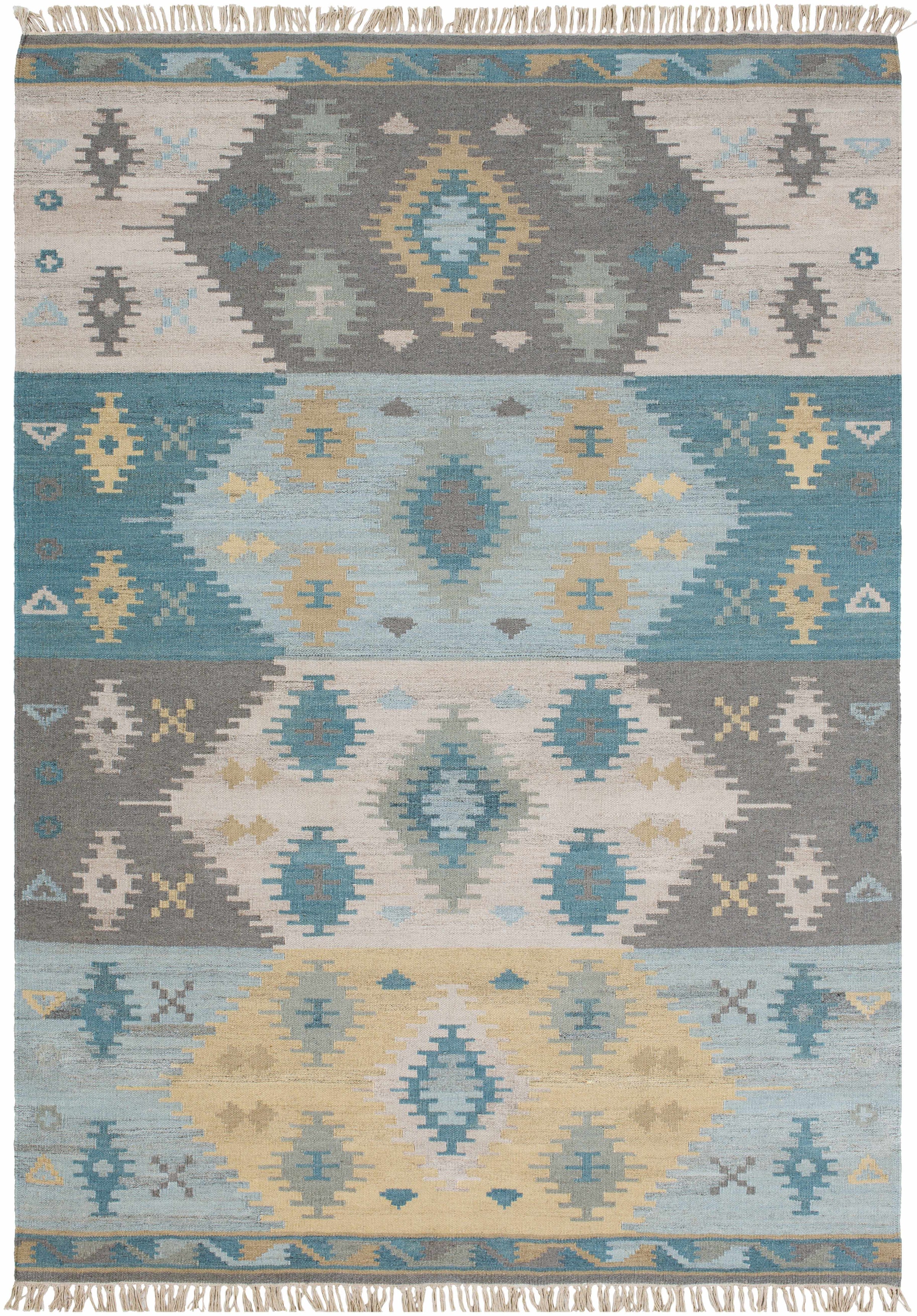 Pale Blue Hand Woven 100% Wool Global Rectangle Handmade rug, Indoor use only, has fringe, non-washable.