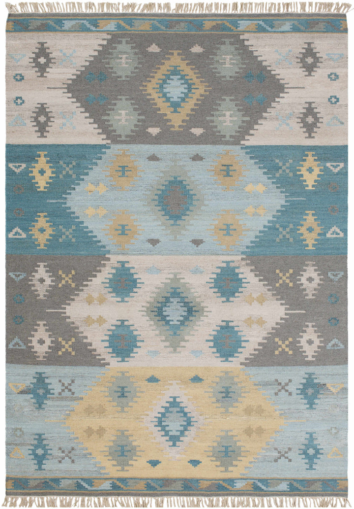 Pale Blue Hand Woven 100% Wool Global Rectangle Handmade rug, Indoor use only, has fringe, non-washable.