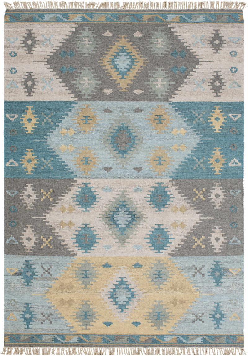 Pale Blue Hand Woven 100% Wool Global Rectangle Handmade rug, Indoor use only, has fringe, non-washable.
