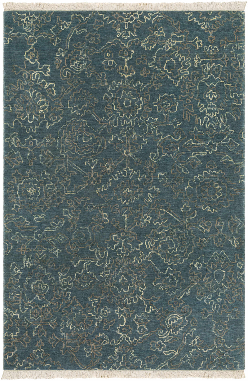 Dark Blue Hand Knotted 100% Wool Traditional Rectangle Handmade rug, Indoor use only, has fringe, non-washable.