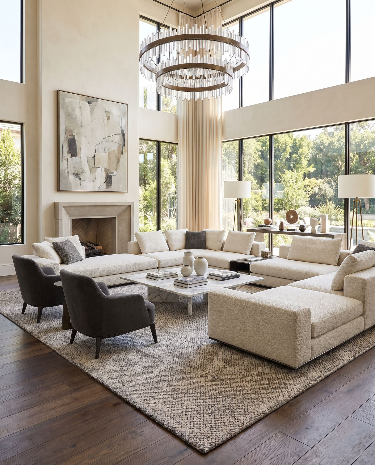 Helen HLE-2300 Hand Loomed Rug as the centerpiece of a bright luxury living room — a hand loomed modern area rug in ivory, light gray, gray and light beige tones