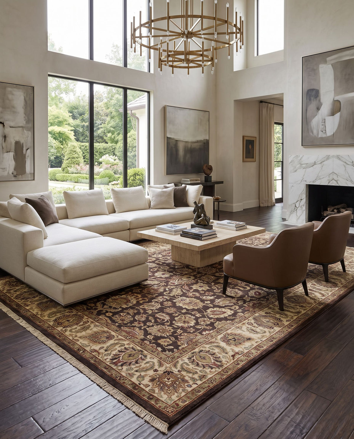 Heirloom HLM-6001 Hand Knotted Rug as the centerpiece of a bright luxury living room — a hand knotted traditional area rug in beige, dark brown, mustard and rust tones