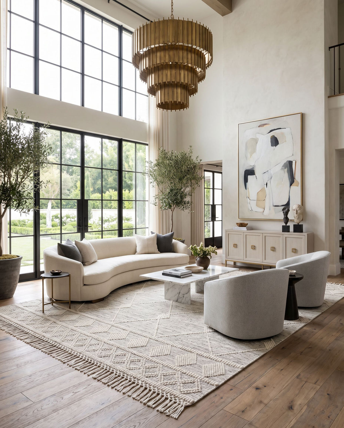 Hemingway HMG-2301 Hand Woven Rug as the centerpiece of a bright luxury living room — a hand woven global area rug in ivory and black tones