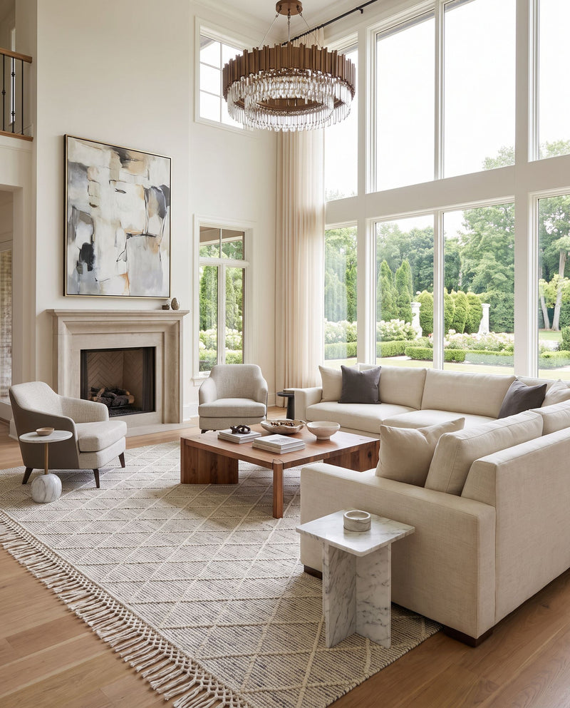Hemingway HMG-2302 Hand Woven Rug as the centerpiece of a bright luxury living room — a hand woven cottage area rug in ivory and black tones