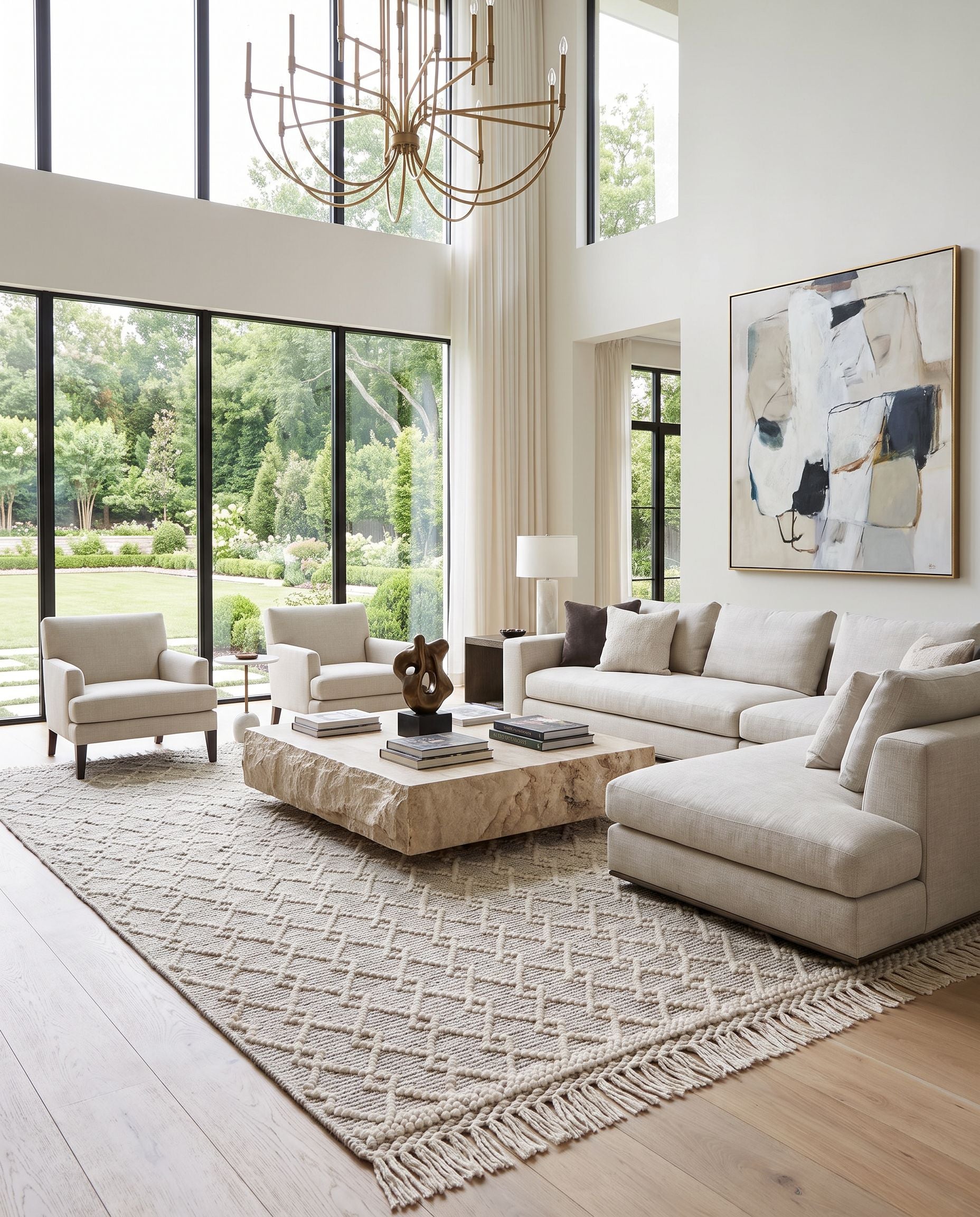 Hemingway HMG-2304 Hand Woven Rug as the centerpiece of a bright luxury living room — a hand woven cottage area rug in ivory and black tones