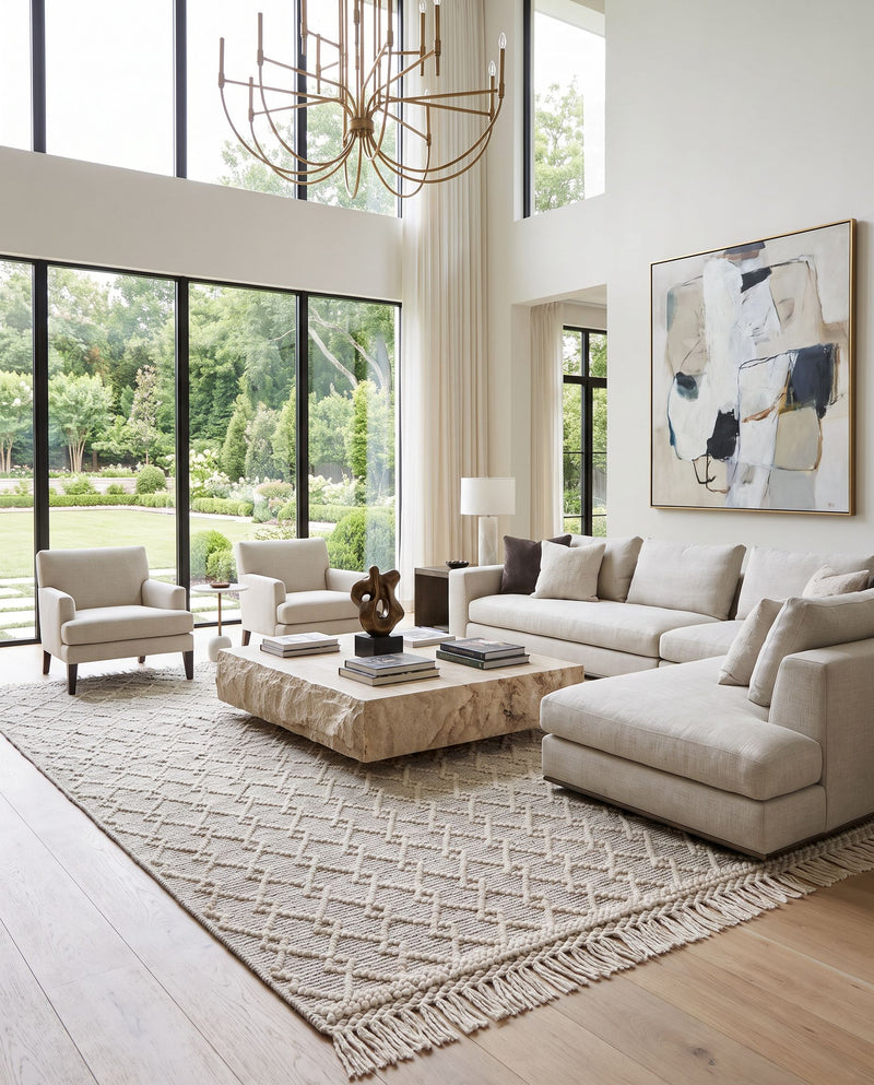 Hemingway HMG-2304 Hand Woven Rug as the centerpiece of a bright luxury living room — a hand woven cottage area rug in ivory and black tones