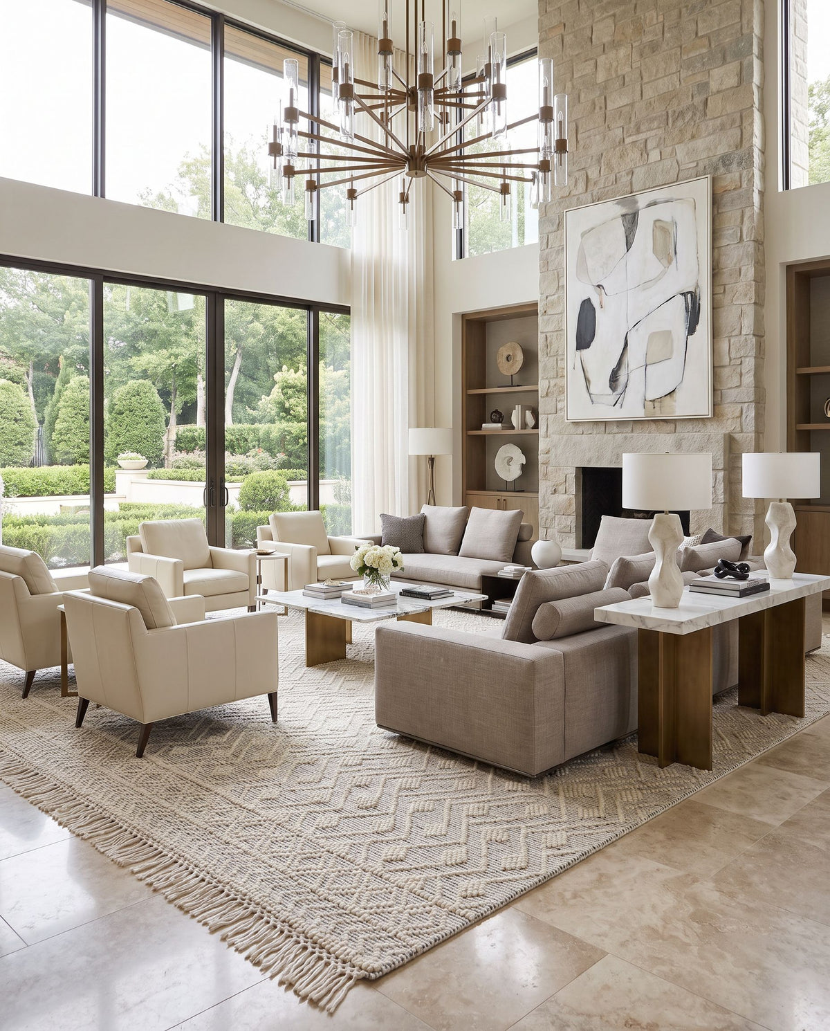 Hemingway HMG-2305 Hand Woven Rug as the centerpiece of a bright luxury living room — a hand woven cottage area rug in ivory and black tones