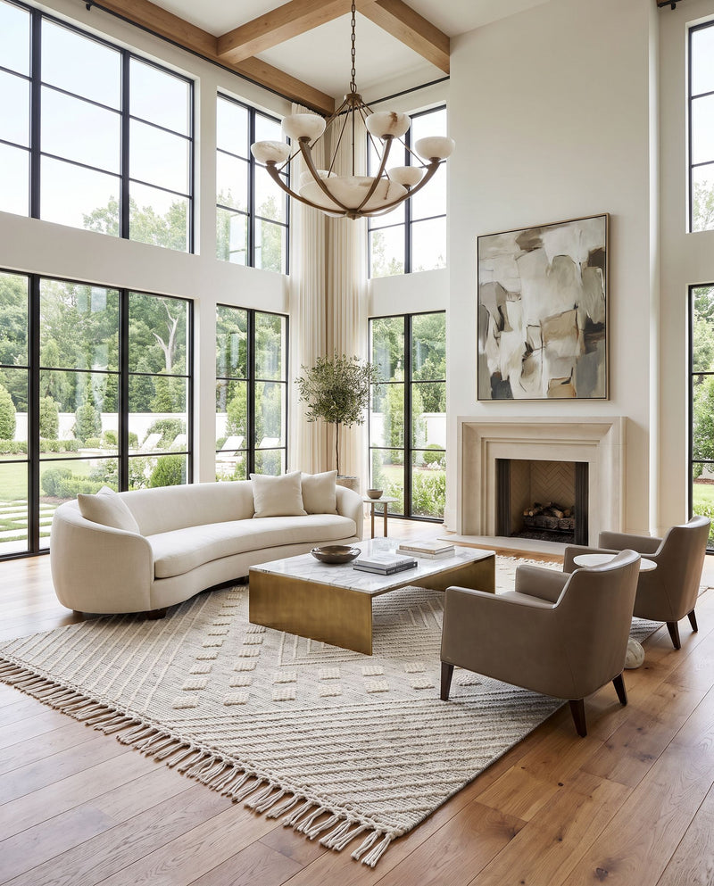 Hemingway HMG-2306 Hand Woven Rug as the centerpiece of a bright luxury living room — a hand woven cottage area rug in ivory and black tones