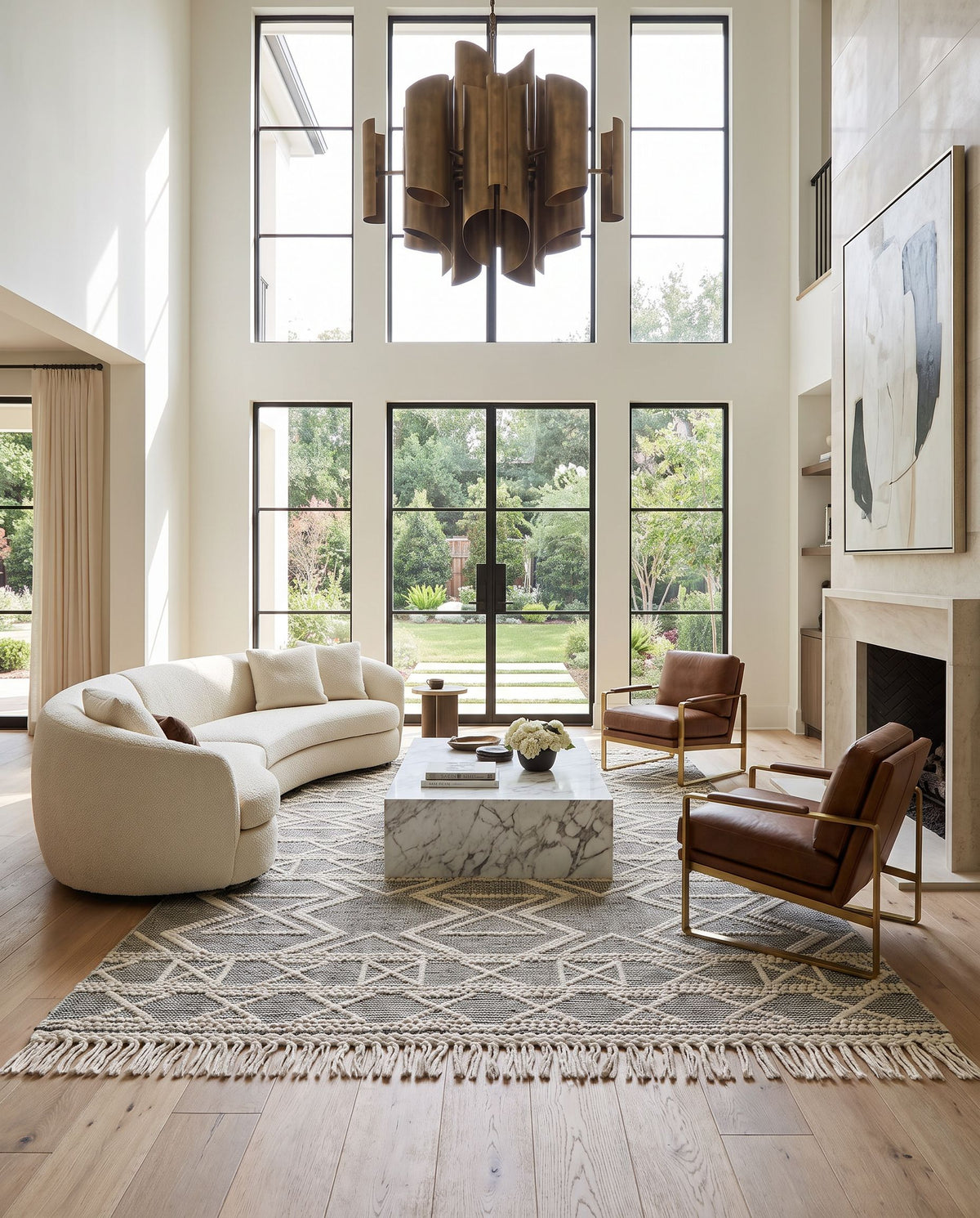 Hemingway HMG-2307 Hand Woven Rug as the centerpiece of a bright luxury living room — a hand woven cottage area rug in ivory and black tones
