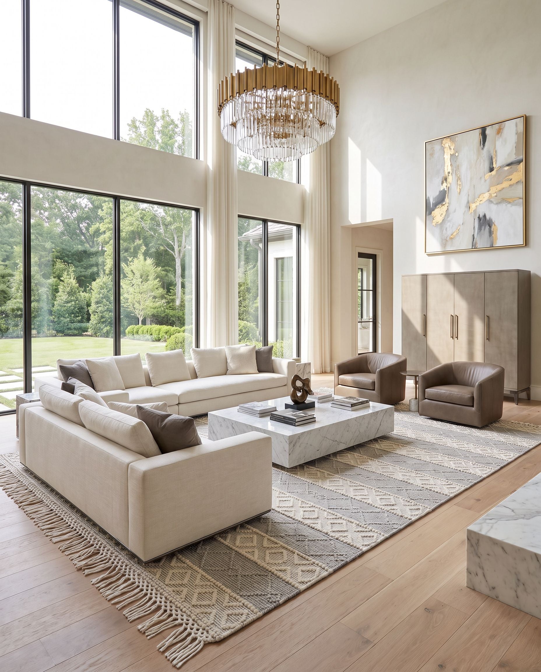 Hemingway HMG-2308 Hand Woven Rug as the centerpiece of a bright luxury living room — a hand woven cottage area rug in ivory, beige and taupe tones