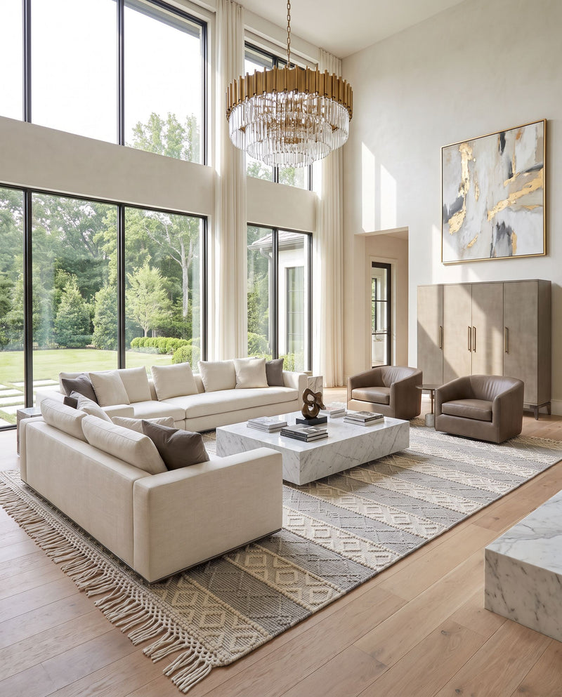 Hemingway HMG-2308 Hand Woven Rug as the centerpiece of a bright luxury living room — a hand woven cottage area rug in ivory, beige and taupe tones
