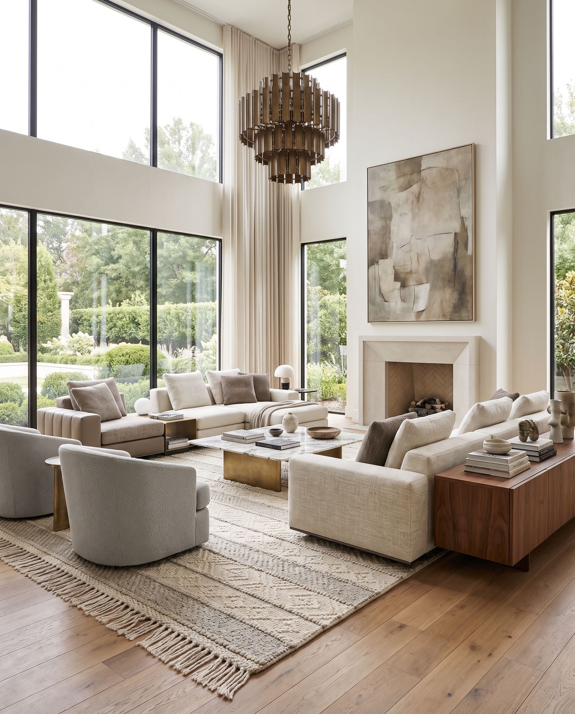 Hemingway HMG-2309 Hand Woven Rug as the centerpiece of a bright luxury living room — a hand woven cottage area rug in ivory and beige tones