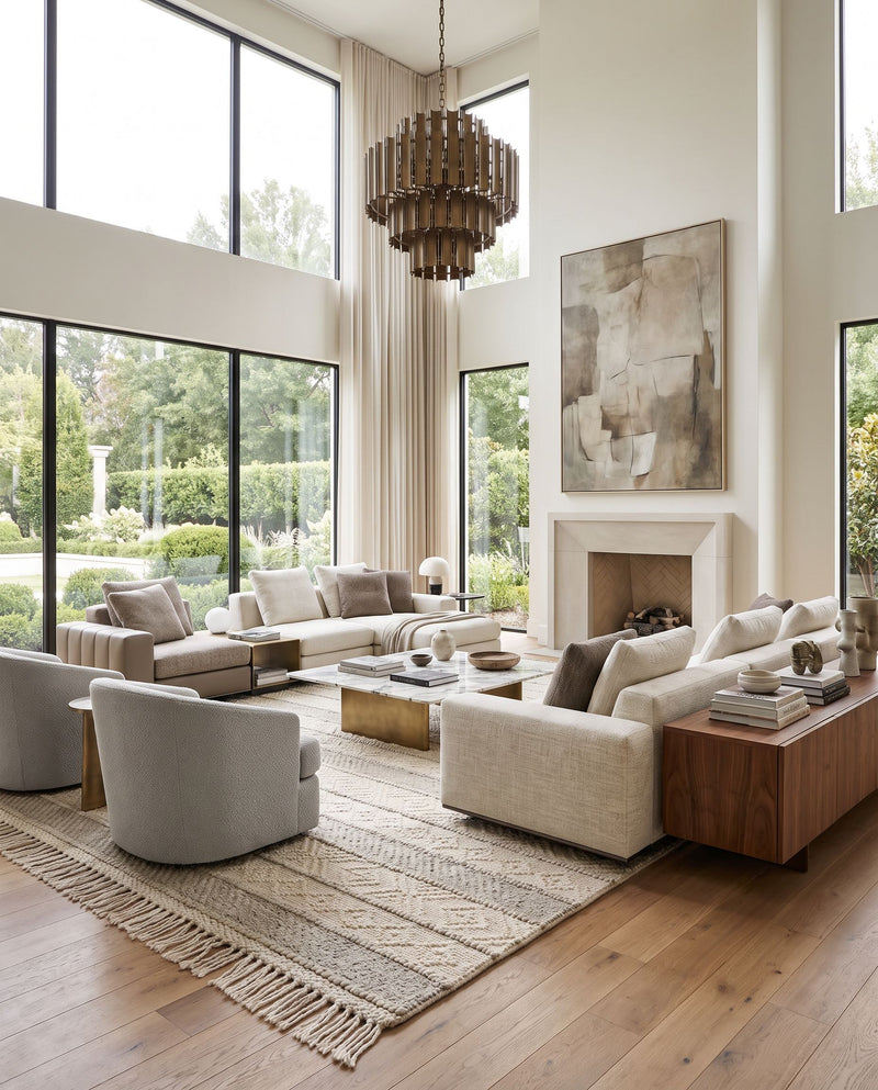 Hemingway HMG-2309 Hand Woven Rug as the centerpiece of a bright luxury living room — a hand woven cottage area rug in ivory and beige tones