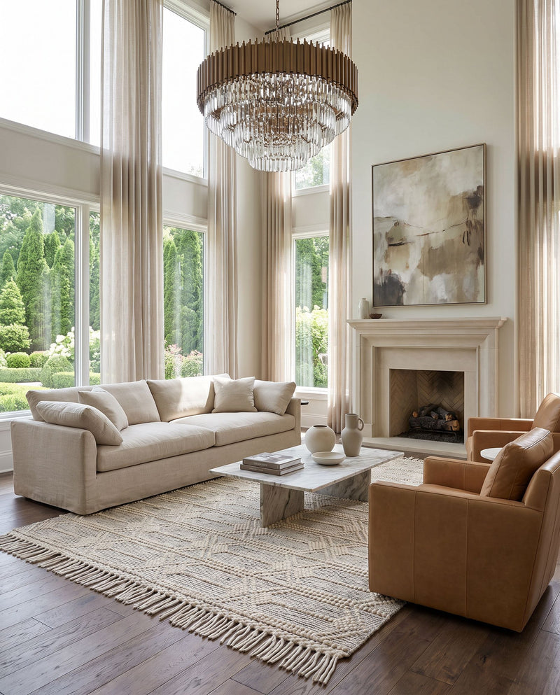 Hemingway HMG-2310 Hand Woven Rug as the centerpiece of a bright luxury living room — a hand woven cottage area rug in ivory and black tones