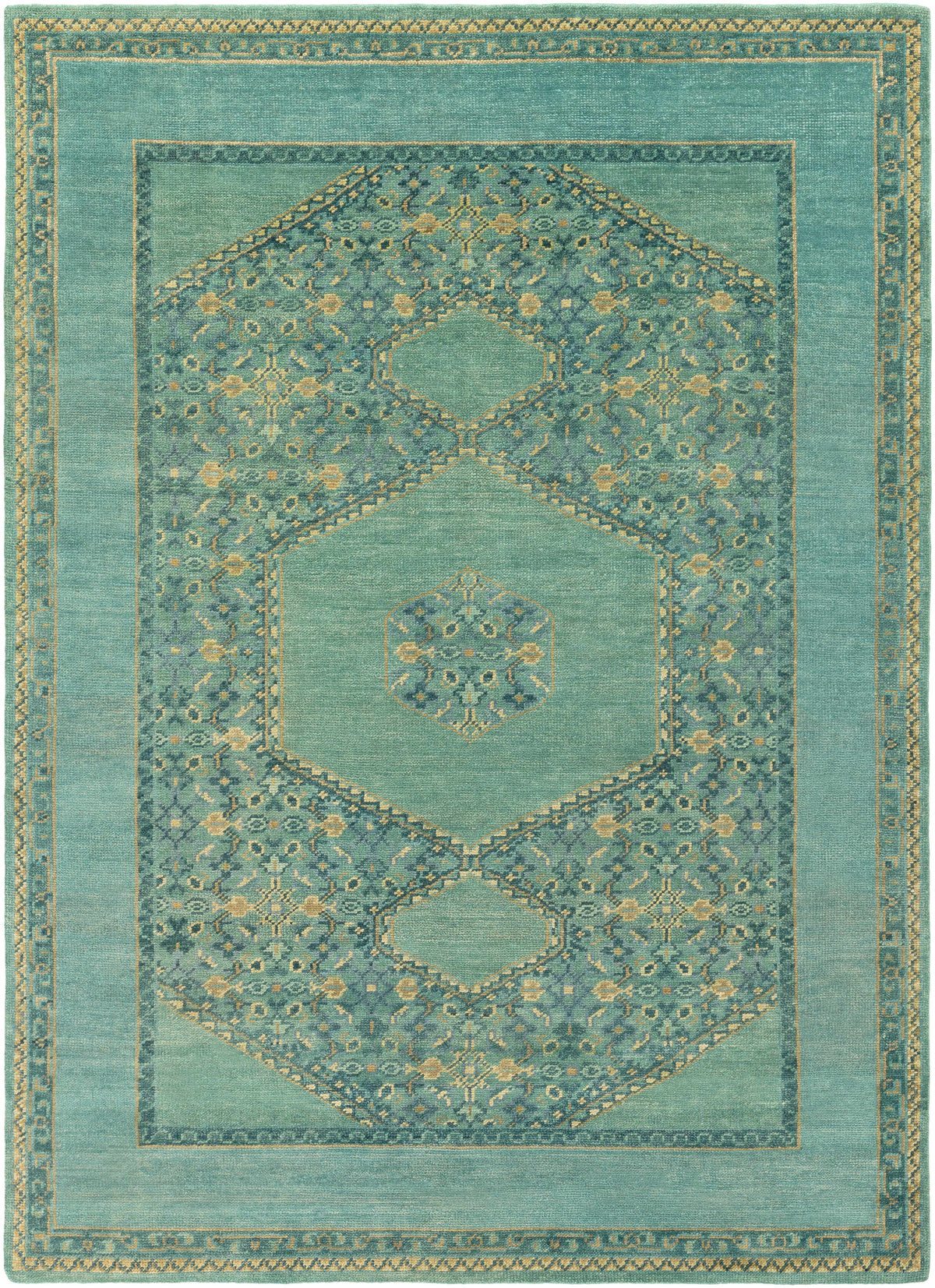 Medium Green Hand Knotted 100% Wool Traditional Rectangle Handmade rug, Indoor use only, no fringe, non-washable.