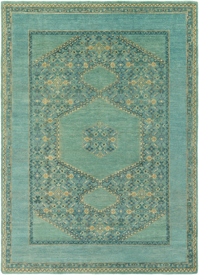 Medium Green Hand Knotted 100% Wool Traditional Rectangle Handmade rug, Indoor use only, no fringe, non-washable.