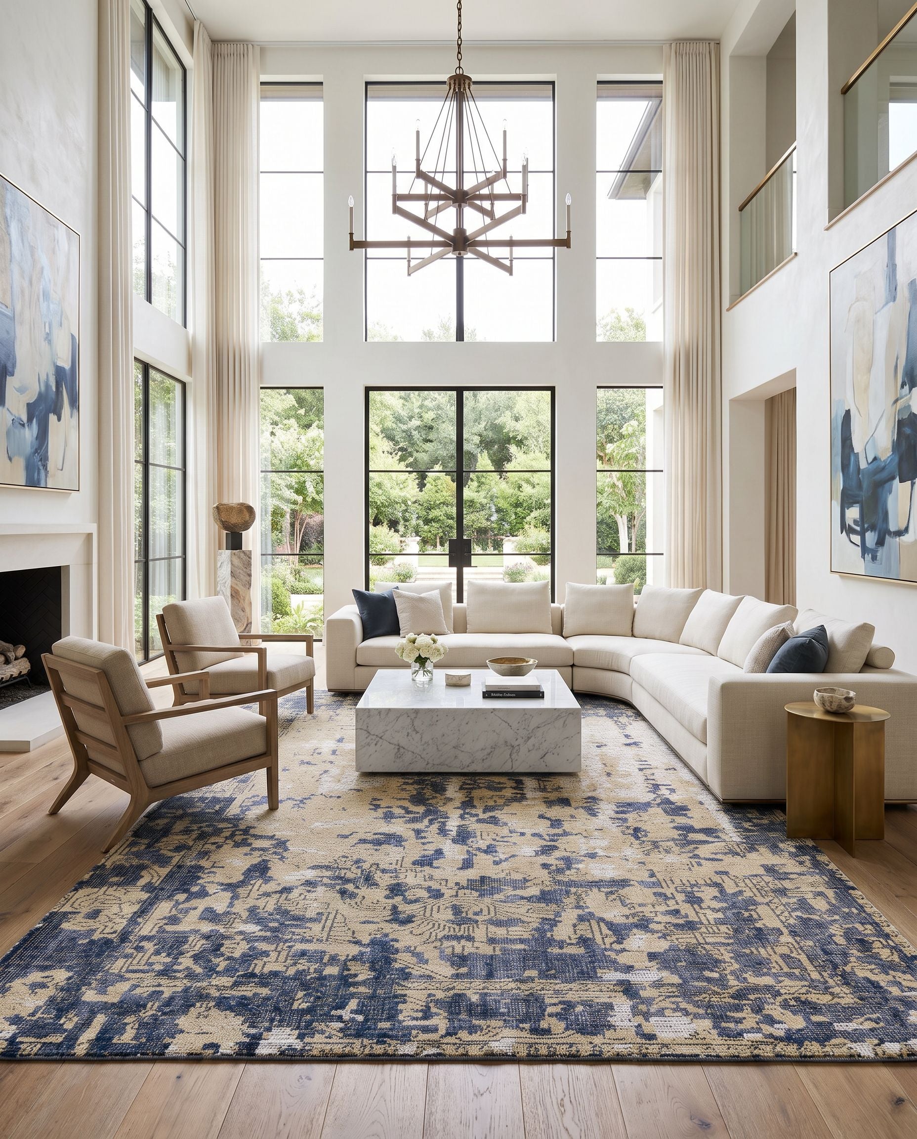 Hoboken HOO-1018 Hand Knotted Rug as the centerpiece of a bright luxury living room — a hand knotted modern area rug in dark blue, brown, beige and ivory tones