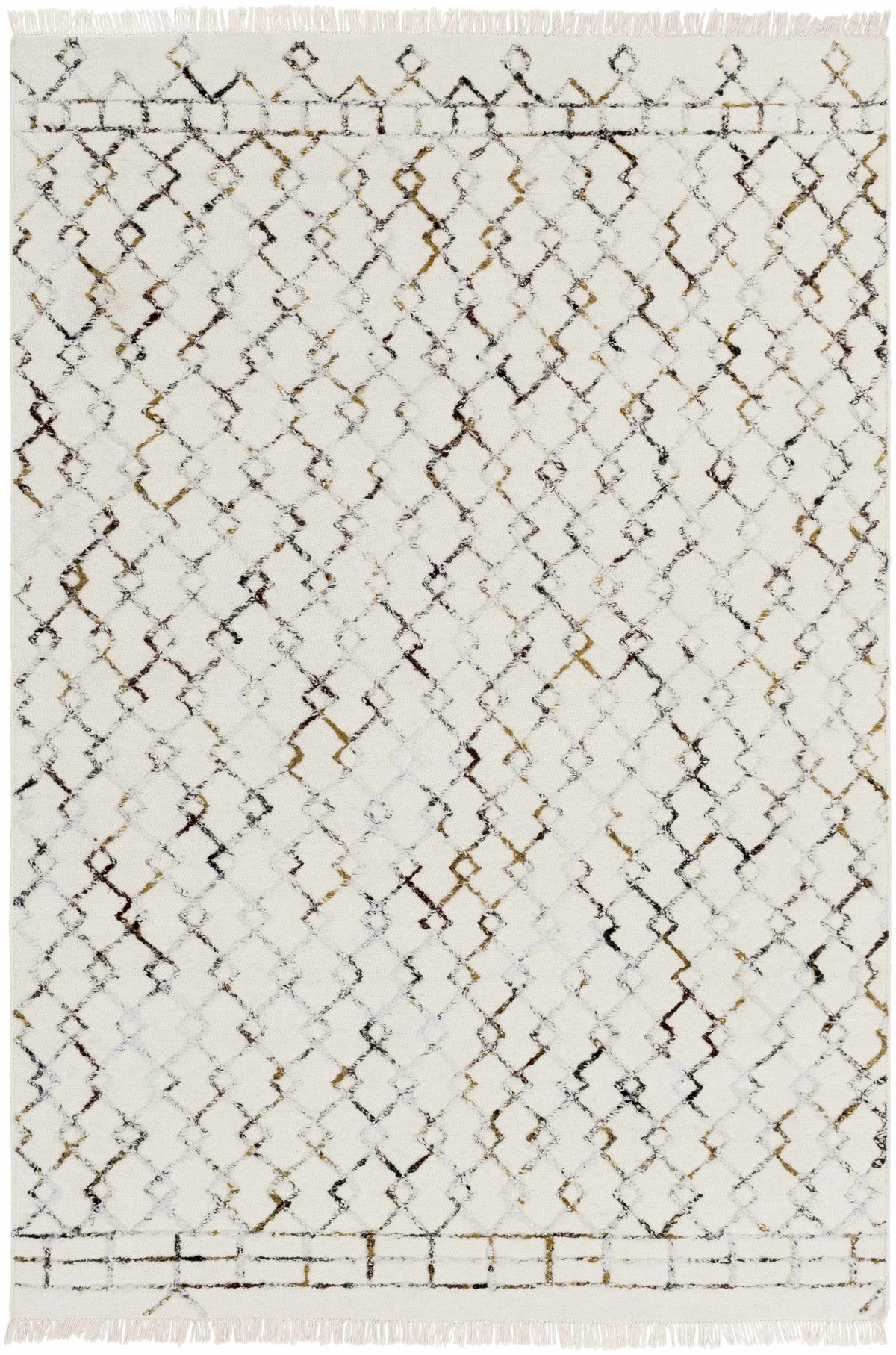 Cream Hand Woven 80% Wool, 20% Viscose Global Rectangle Handmade rug, Indoor use only, has fringe, non-washable.