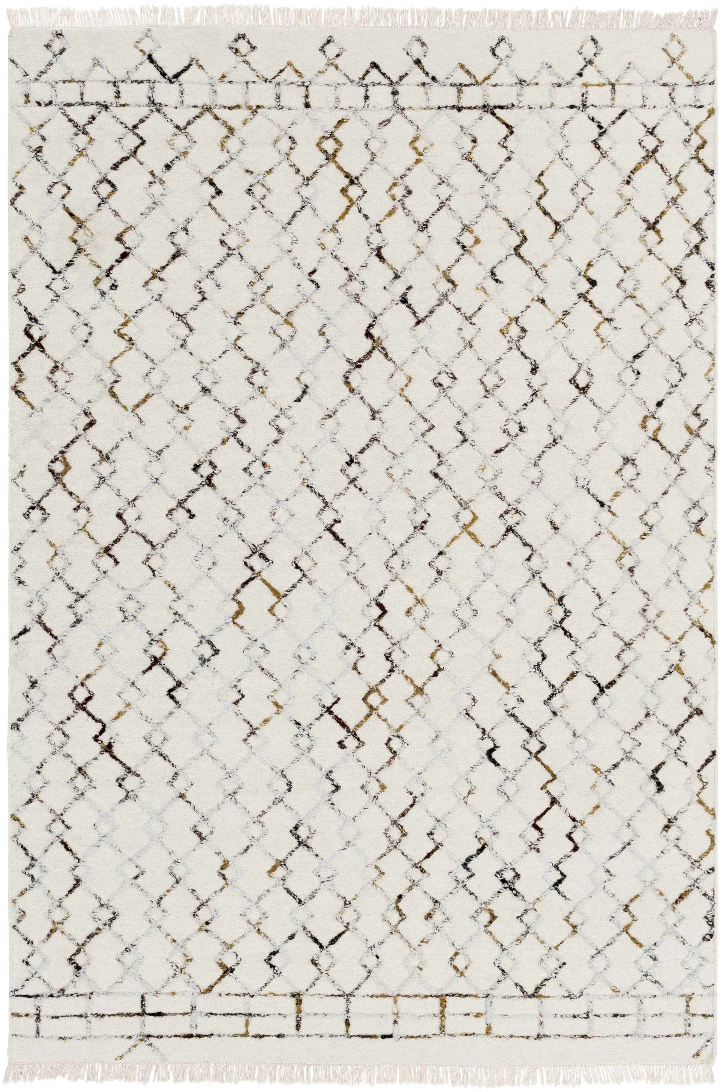 Cream Hand Woven 80% Wool, 20% Viscose Global Rectangle Handmade rug, Indoor use only, has fringe, non-washable.
