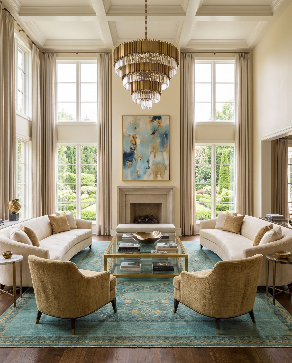 Haven HVN-1217 Hand Knotted Rug as the centerpiece of a bright luxury living room — a hand knotted traditional area rug in medium green, emerald, deep teal and olive tones