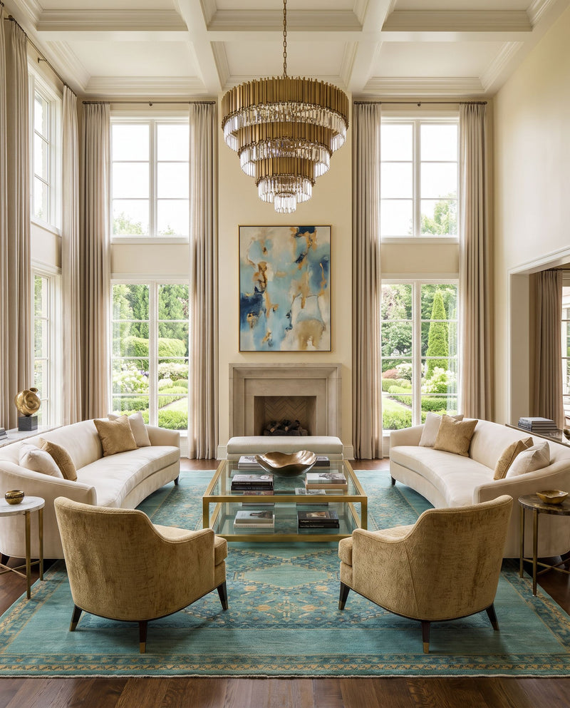 Haven HVN-1217 Hand Knotted Rug as the centerpiece of a bright luxury living room — a hand knotted traditional area rug in medium green, emerald, deep teal and olive tones