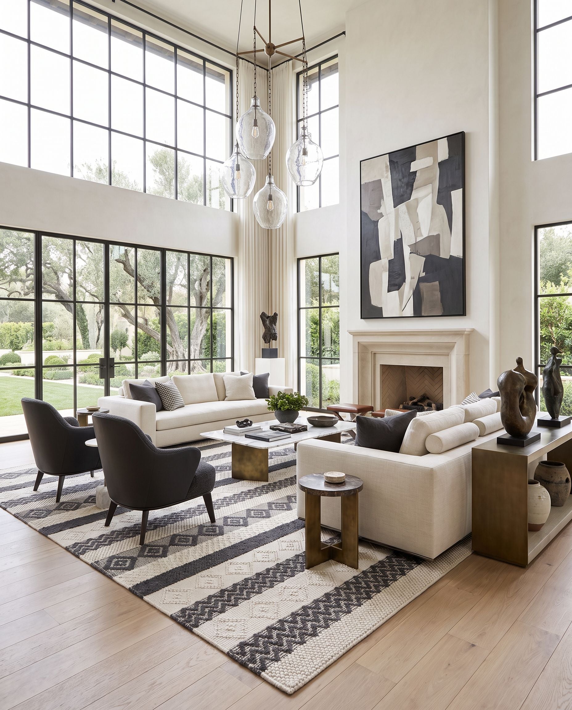 Hygge HYG-2301 Hand Woven Rug as the centerpiece of a bright luxury living room — a hand woven bohemian area rug in black and ivory tones