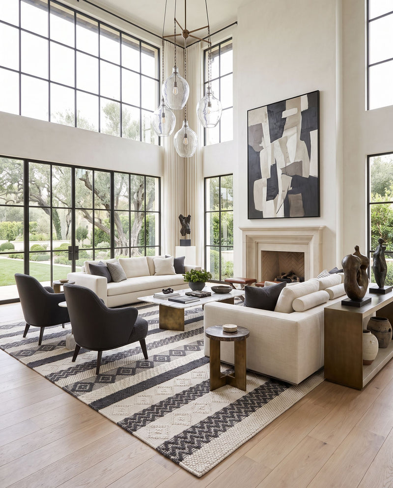Hygge HYG-2301 Hand Woven Rug as the centerpiece of a bright luxury living room — a hand woven bohemian area rug in black and ivory tones