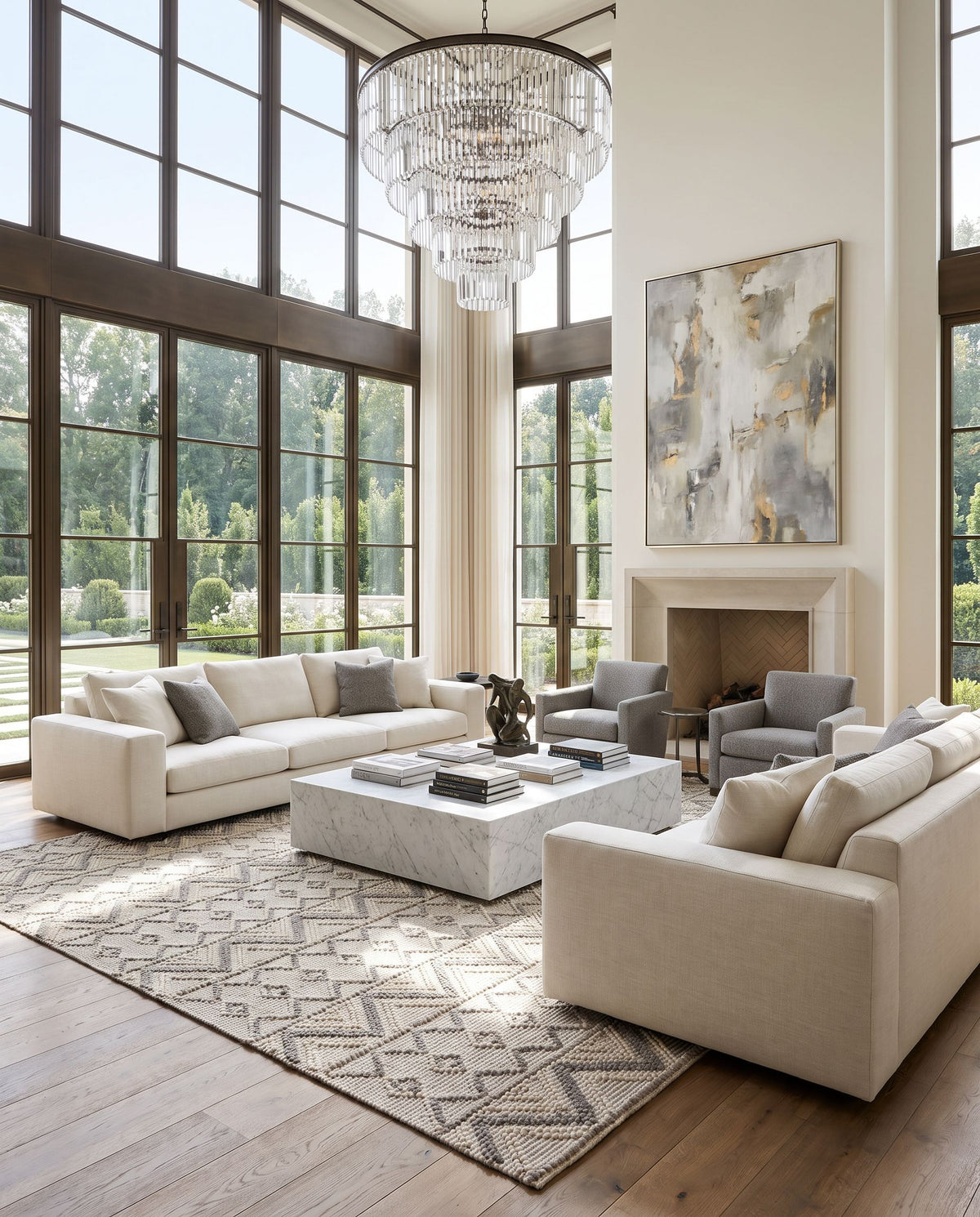 Hygge HYG-2304 Hand Woven Rug as the centerpiece of a bright luxury living room — a hand woven bohemian area rug in cream and gray tones