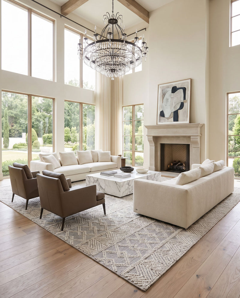 Hygge HYG-2306 Hand Woven Rug as the centerpiece of a bright luxury living room — a hand woven transitional, bohemian area rug in blue and ivory tones