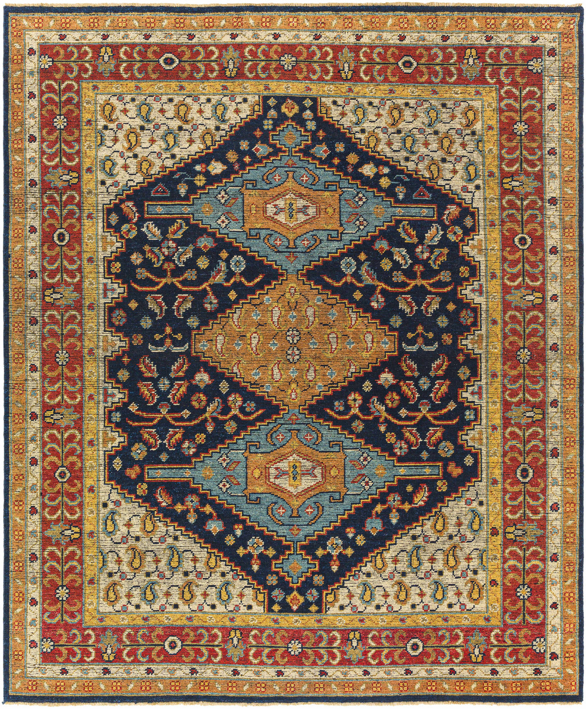 Navy Hand Knotted 100% NZ Wool Traditional Rectangle Handmade rug, Indoor use only, has fringe, non-washable.