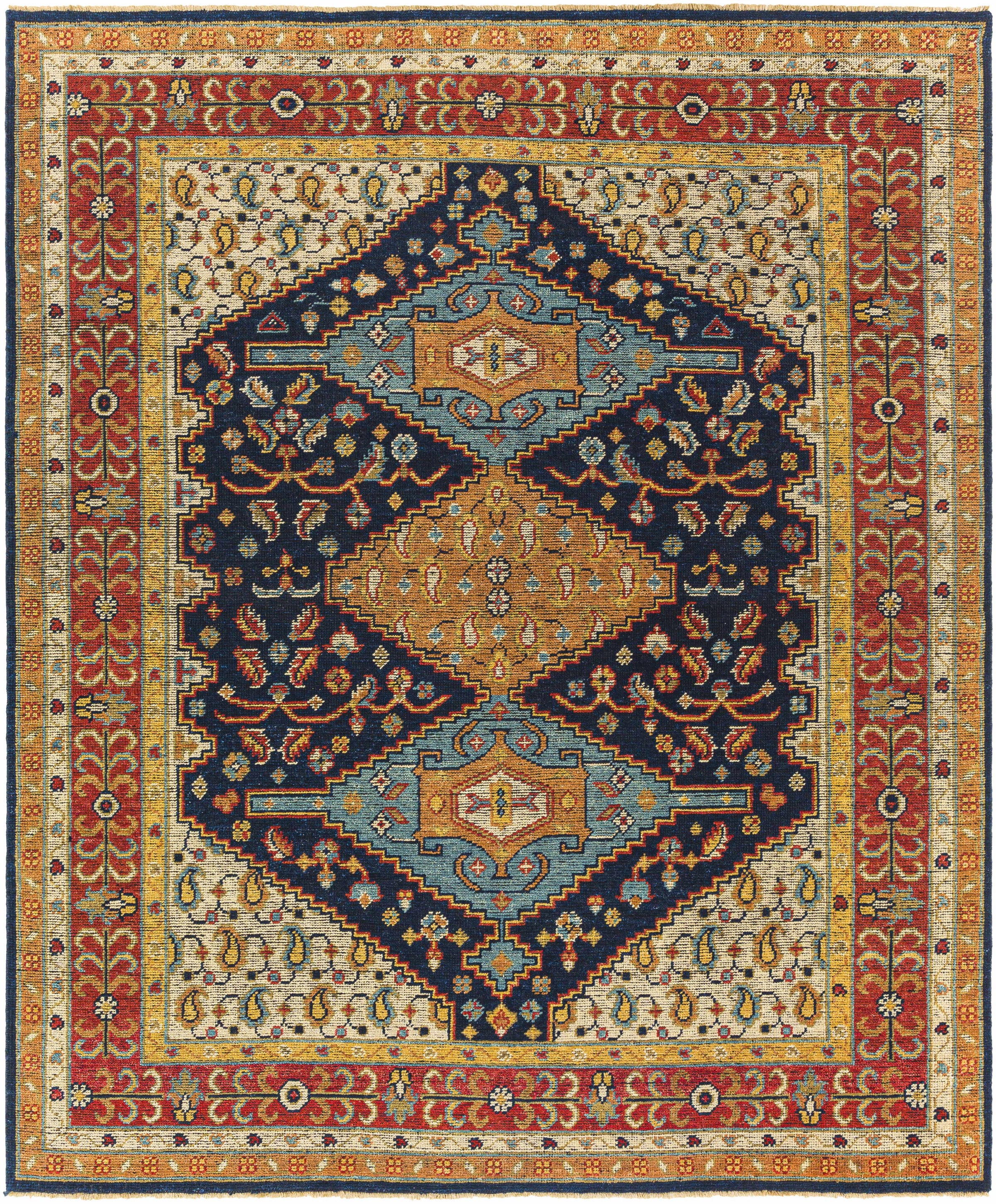 Navy Hand Knotted 100% NZ Wool Traditional Rectangle Handmade rug, Indoor use only, has fringe, non-washable.
