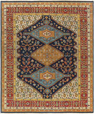 Navy Hand Knotted 100% NZ Wool Traditional Rectangle Handmade rug, Indoor use only, has fringe, non-washable.