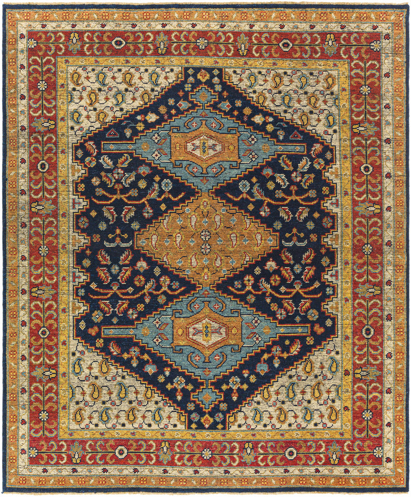 Navy Hand Knotted 100% NZ Wool Traditional Rectangle Handmade rug, Indoor use only, has fringe, non-washable.
