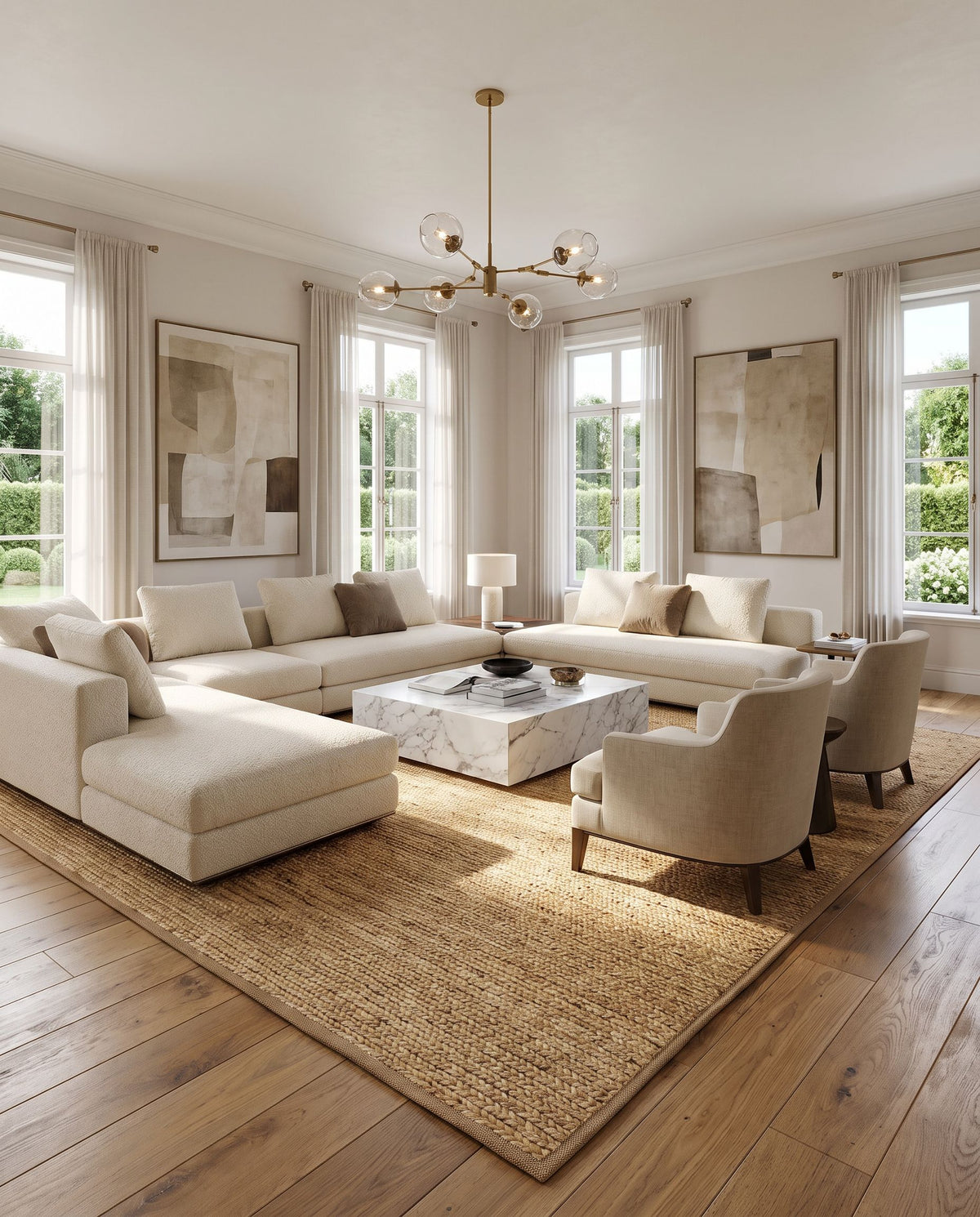 Aria IAA-1003 Hand Woven Rug styled in an elegant designer living room — hand woven cottage area rug in beige tones