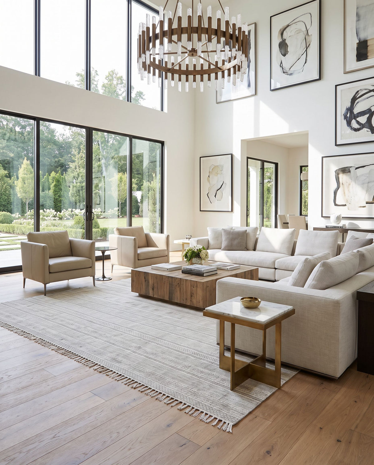 Idina IDI-8801 Hand Woven Rug as the centerpiece of a bright luxury living room — a hand woven cottage area rug in charcoal and off-white tones