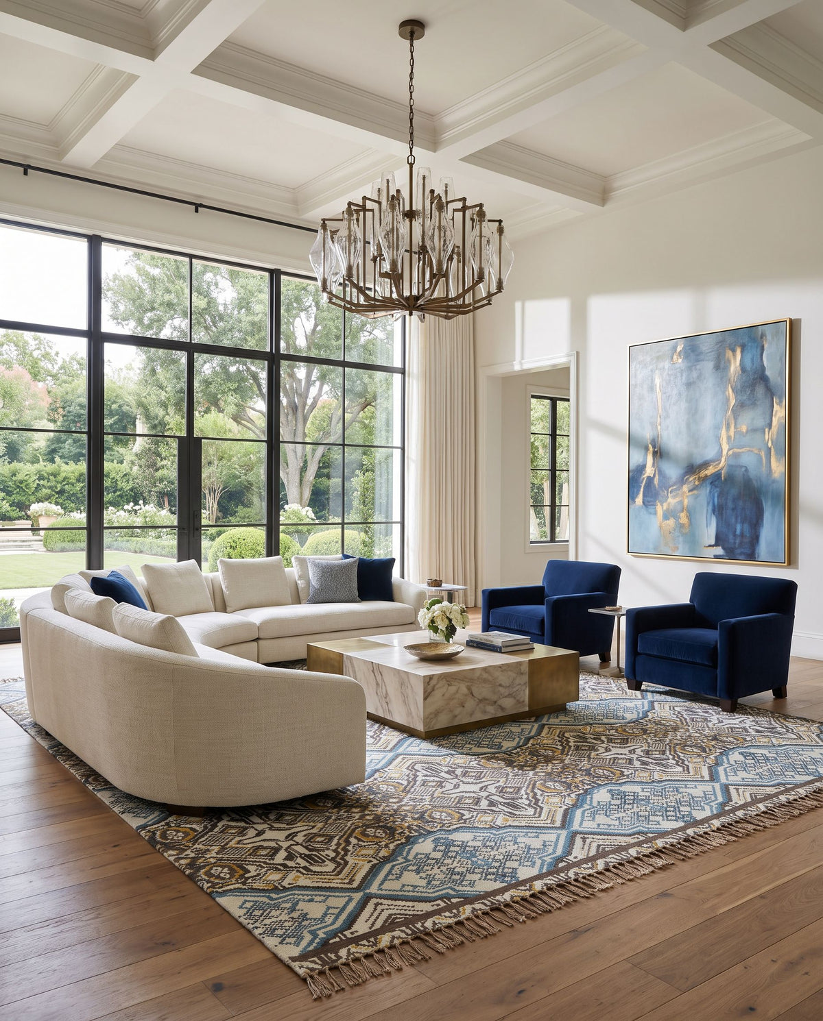 Idina IDI-8802 Hand Woven Rug as the centerpiece of a bright luxury living room — a hand woven modern area rug in charcoal, blue, mustard and dark brown tones