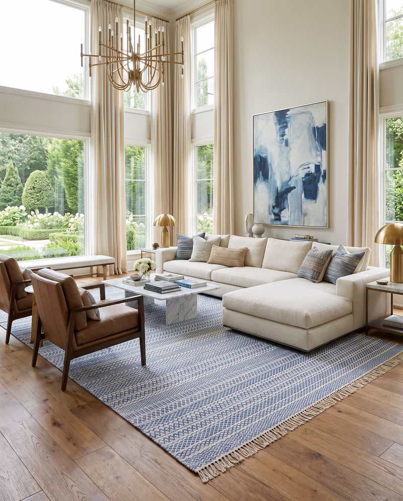 Idina II IDN-8000 Hand Woven Rug as the centerpiece of a bright luxury living room — a hand woven cottage area rug in blue and cream tones