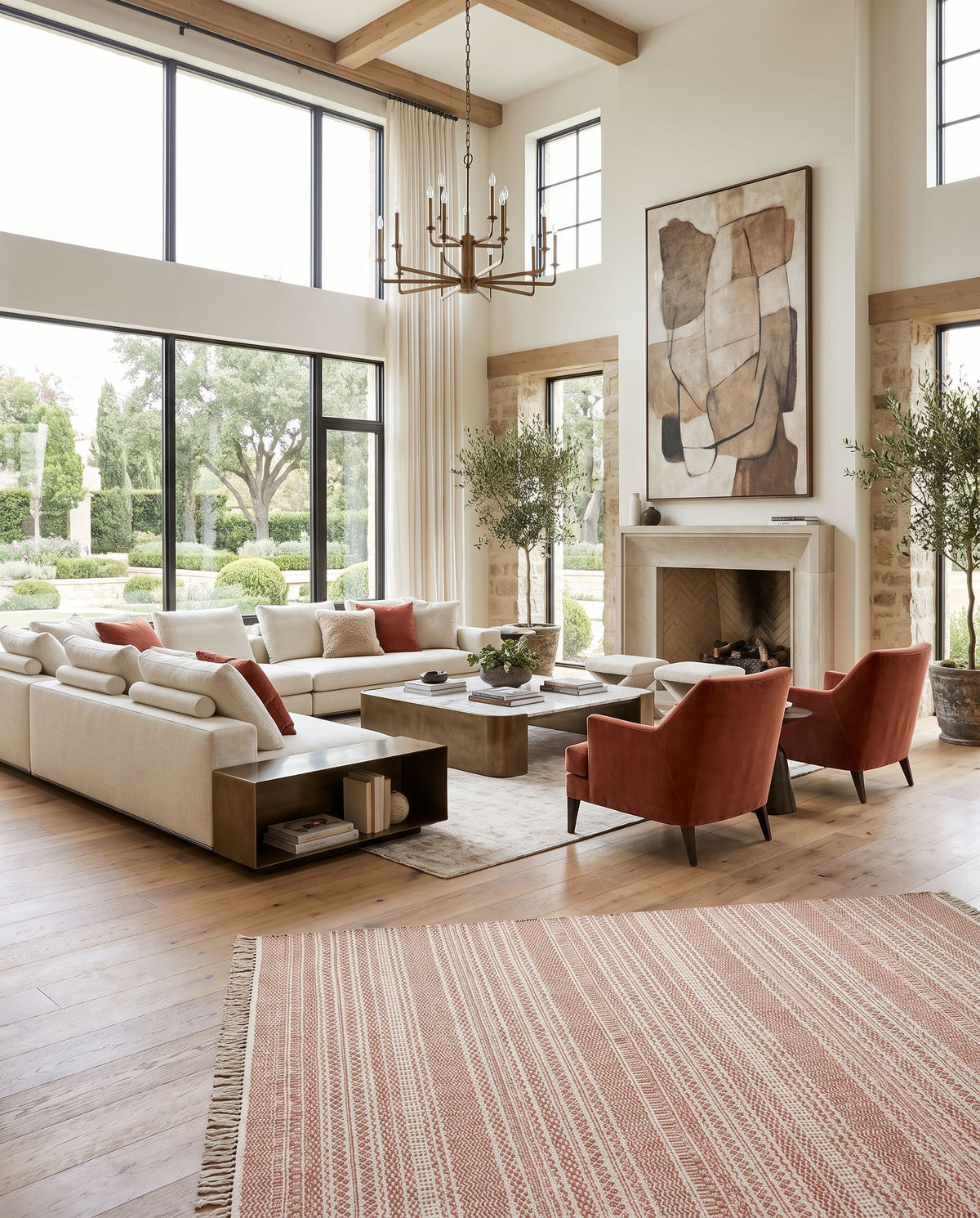 Idina II IDN-8001 Hand Woven Rug as the centerpiece of a bright luxury living room — a hand woven cottage area rug in rust and cream tones