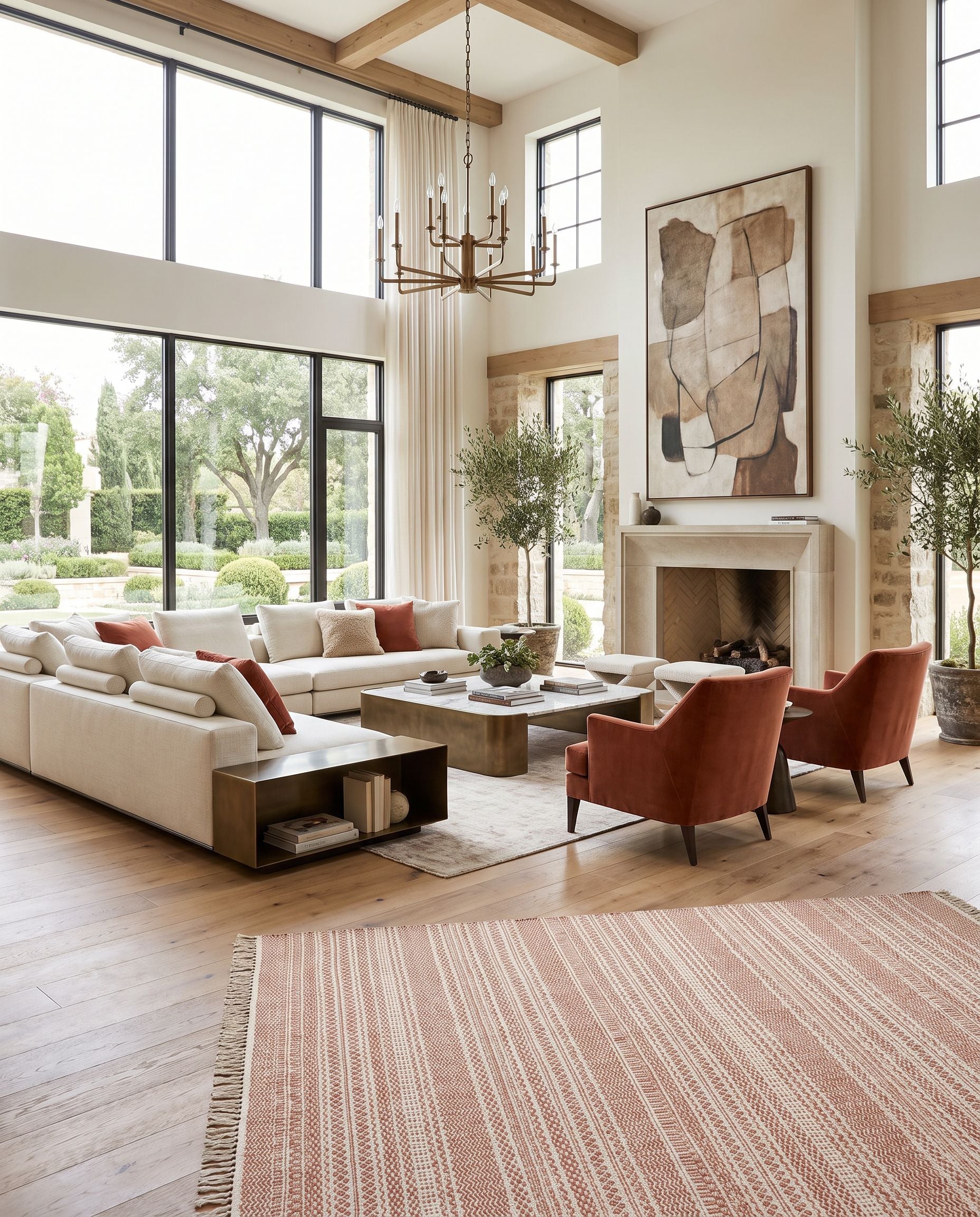Idina II IDN-8001 Hand Woven Rug as the centerpiece of a bright luxury living room — a hand woven cottage area rug in rust and cream tones