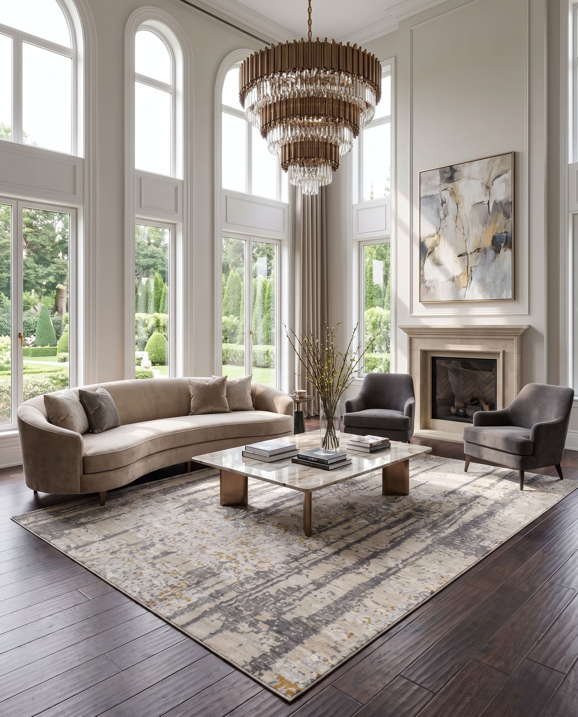 Imola IML-1003 Hand Knotted Rug as the centerpiece of a bright luxury living room — a hand knotted modern area rug in black, light gray, light beige and light sage tones