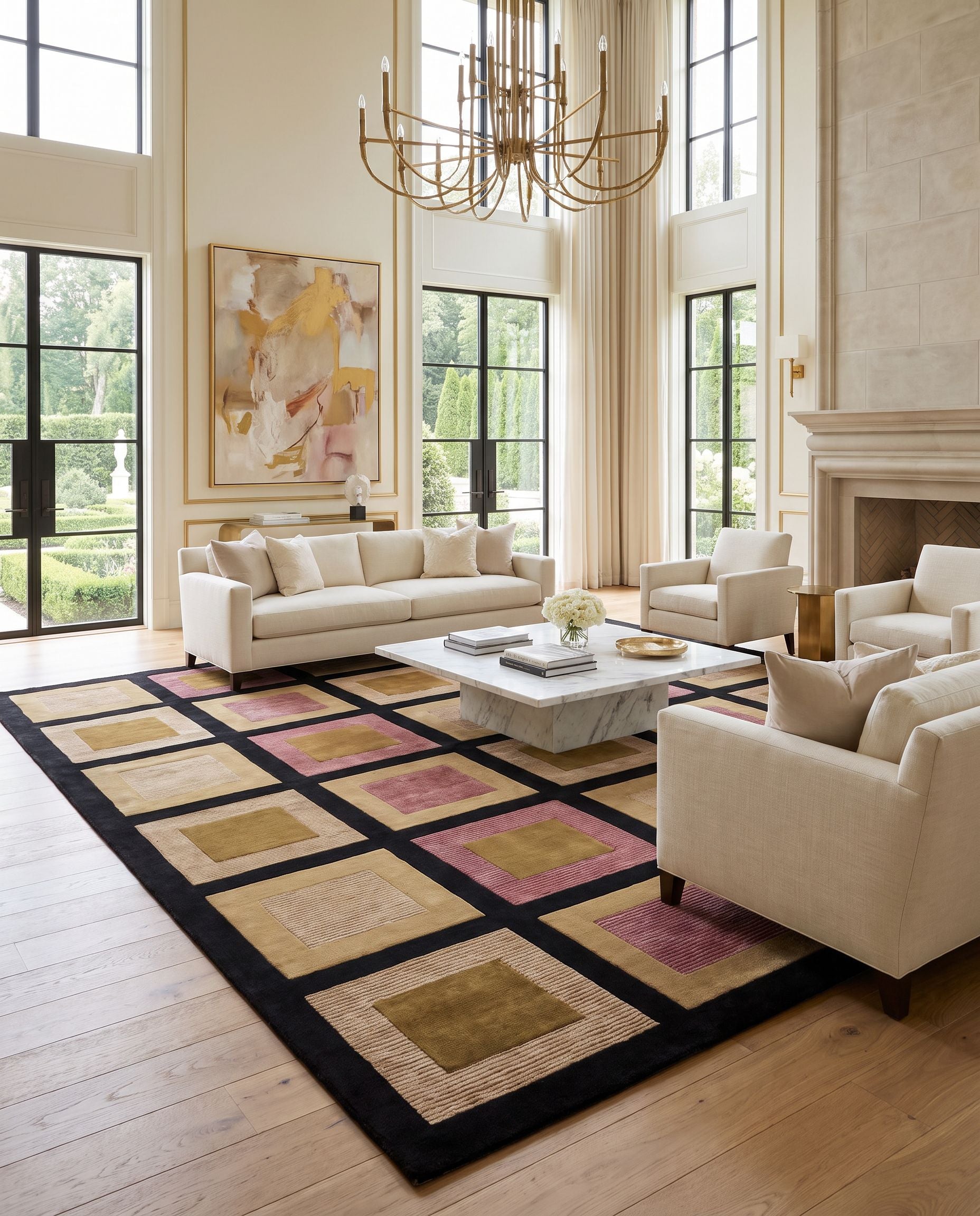 Mugal IN-8005 Hand Knotted Rug as the centerpiece of a bright luxury living room — a hand knotted modern area rug in multicolor tones