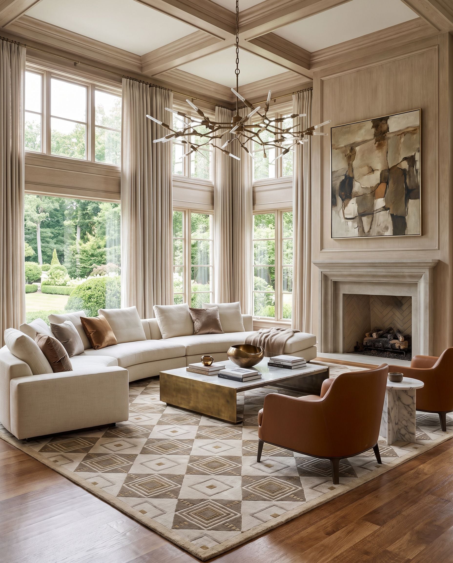 Mugal IN-8008 Hand Knotted Rug as the centerpiece of a bright luxury living room — a hand knotted modern area rug in multicolor tones