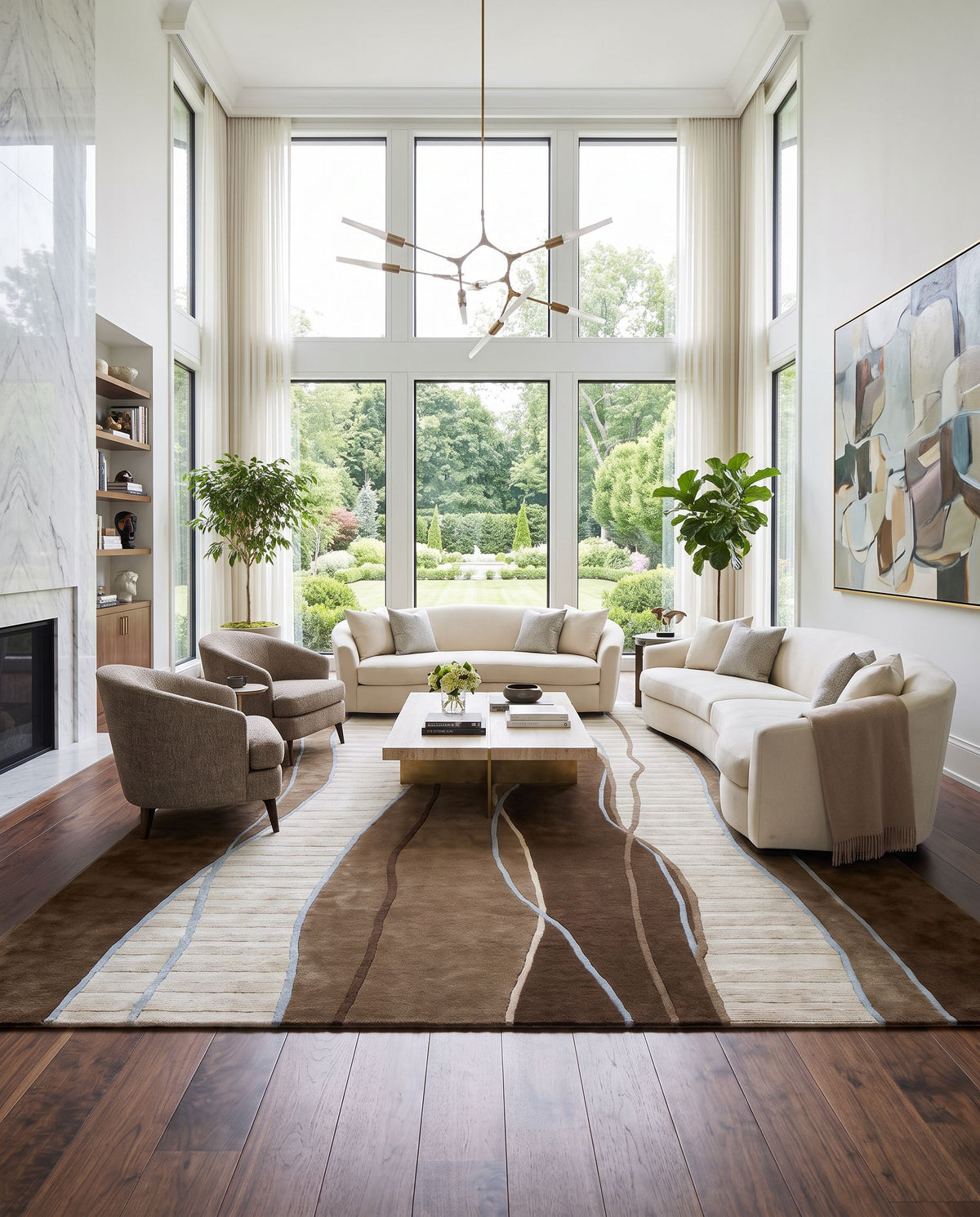 Mugal IN-8072 Hand Knotted Rug as the centerpiece of a bright luxury living room — a hand knotted cottage area rug in dark brown and sage tones