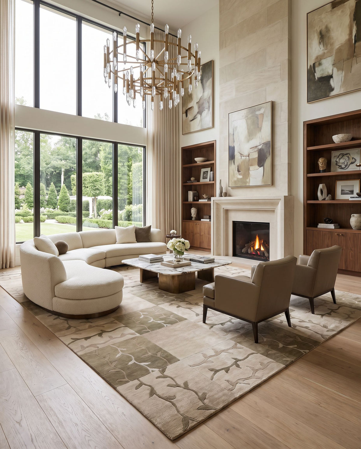 Mugal IN-8083 Hand Knotted Rug as the centerpiece of a bright luxury living room — a hand knotted modern area rug in multicolor tones